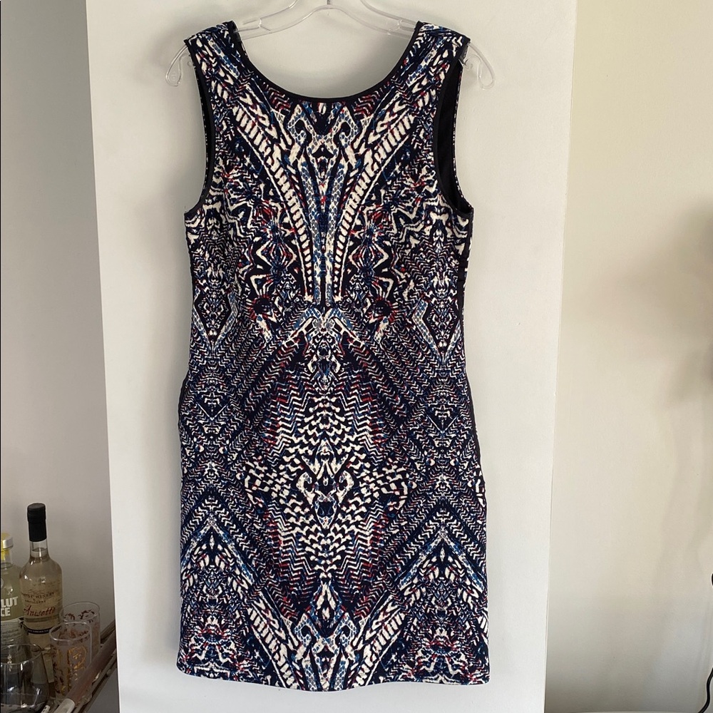 DEX the suit shop navy blue white print stretch dress lined S